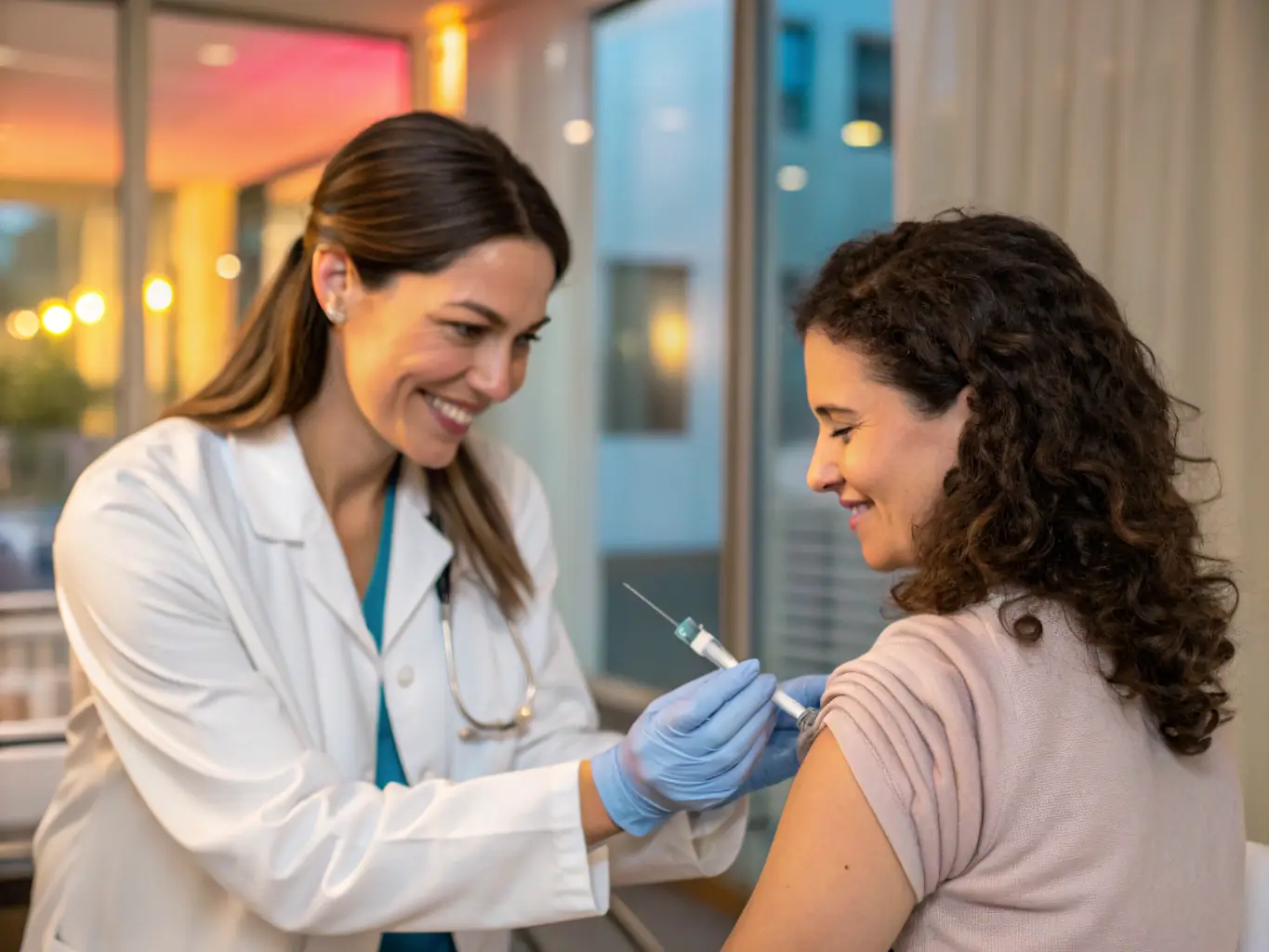 A nurse administering a vaccine to a child, with the child's parent looking on reassuringly, set in a clean and modern clinic environment.