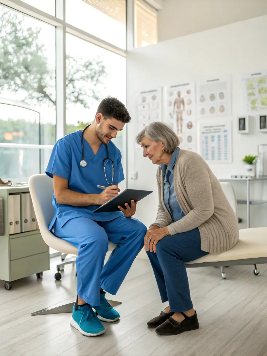 A patient and provider reviewing health data on a tablet in a clinical setting, managing chronic disease.