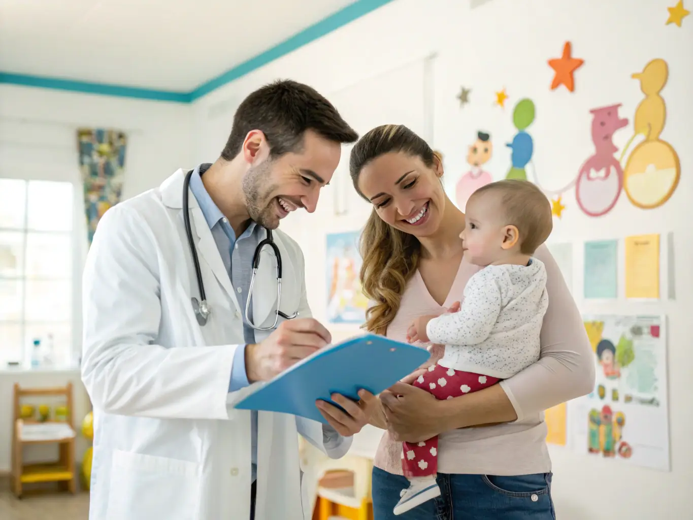 A friendly doctor smiling and consulting with a young mother and her child in a brightly lit, welcoming clinic room, symbolizing family care.