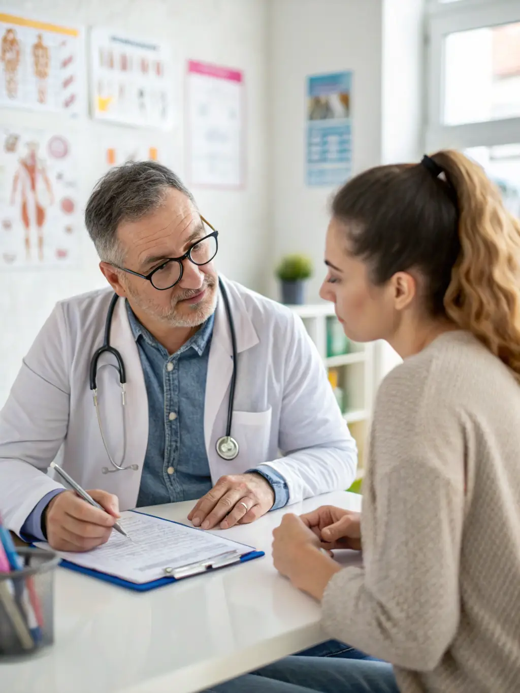 A friendly healthcare provider consulting with a patient in a modern clinic setting, discussing primary care options.